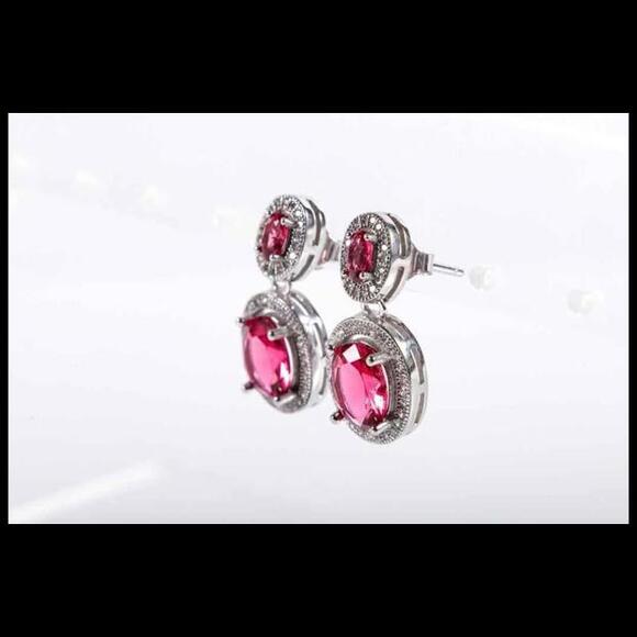 925 Sterling Silver Simulated Pink Spinel CZ Drop Earrings - Picture 6 of 7